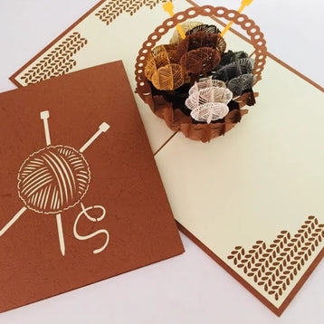 Knitting Basket in Brown Origami Pop Cards 3D Pop Up Greeting Card Thank You Handmade Gift Thinking of You Happy Birthday Occasion Australiana Celebrate the Beauty and Happiness During Special Day Best Wishes Gift