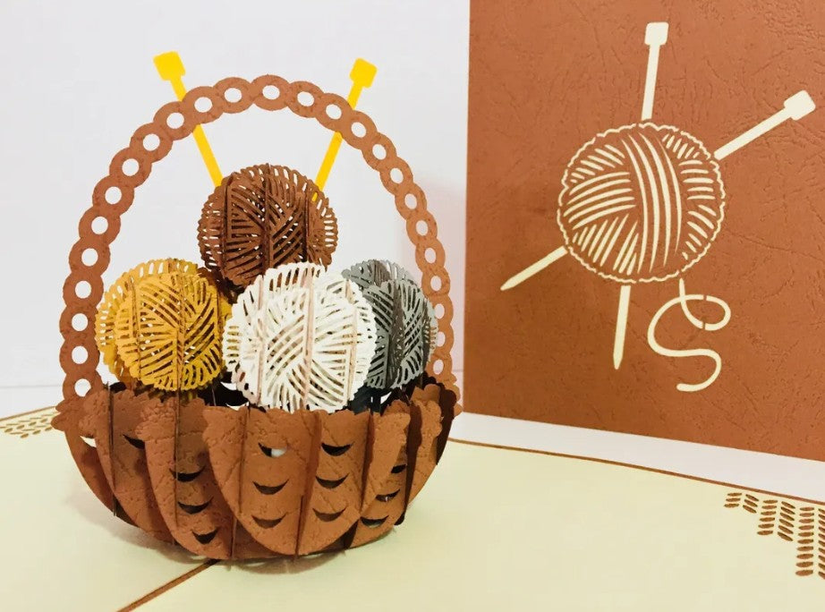 Knitting Basket in Brown Origami Pop Cards 3D Pop Up Greeting Card Thank You Handmade Gift Thinking of You Happy Birthday Occasion Australiana Celebrate the Beauty and Happiness During Special Day Best Wishes Gift
