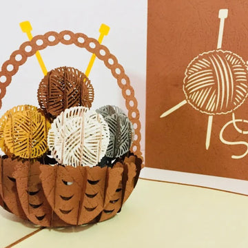 Knitting Basket in Brown Origami Pop Cards 3D Pop Up Greeting Card Thank You Handmade Gift Thinking of You Happy Birthday Occasion Australiana Celebrate the Beauty and Happiness During Special Day Best Wishes Gift