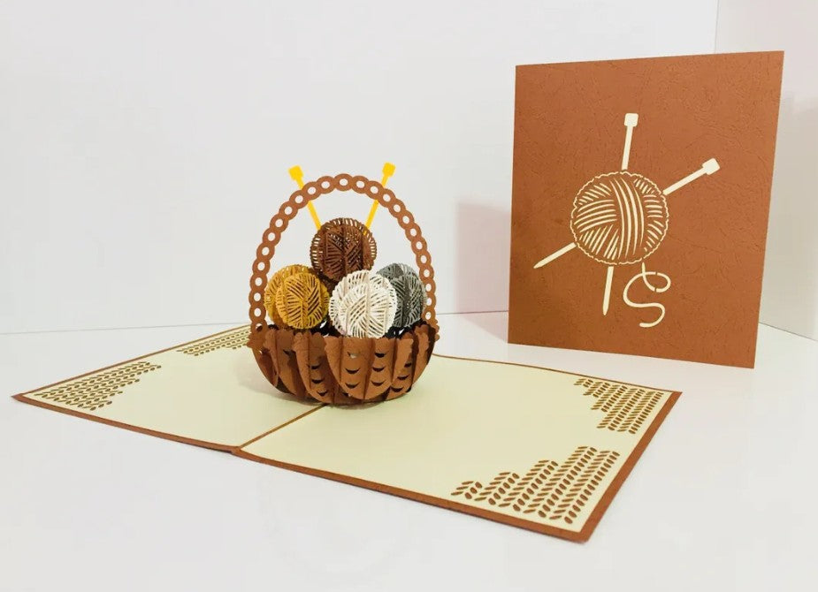 Knitting Basket in Brown Origami Pop Cards 3D Pop Up Greeting Card Thank You Handmade Gift Thinking of You Happy Birthday Occasion Australiana Celebrate the Beauty and Happiness During Special Day Best Wishes Gift
