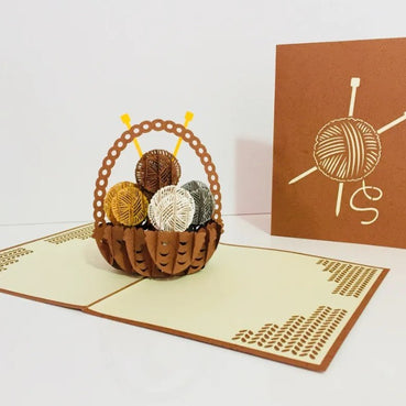 Knitting Basket in Brown Origami Pop Cards 3D Pop Up Greeting Card Thank You Handmade Gift Thinking of You Happy Birthday Occasion Australiana Celebrate the Beauty and Happiness During Special Day Best Wishes Gift