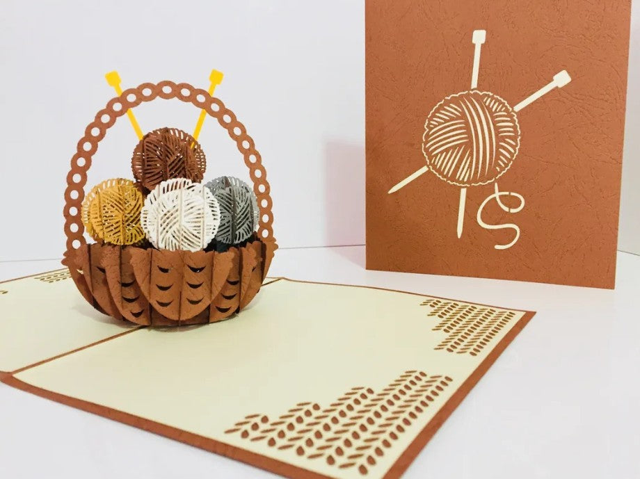 Knitting Basket in Brown Origami Pop Cards 3D Pop Up Greeting Card Thank You Handmade Gift Thinking of You Happy Birthday Occasion Australiana Celebrate the Beauty and Happiness During Special Day Best Wishes Gift