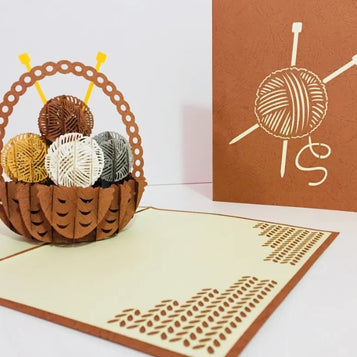 Knitting Basket in Brown Origami Pop Cards 3D Pop Up Greeting Card Thank You Handmade Gift Thinking of You Happy Birthday Occasion Australiana Celebrate the Beauty and Happiness During Special Day Best Wishes Gift