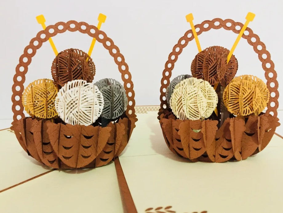 Knitting Basket in Brown Origami Pop Cards 3D Pop Up Greeting Card Thank You Handmade Gift Thinking of You Happy Birthday Occasion Australiana Celebrate the Beauty and Happiness During Special Day Best Wishes Gift