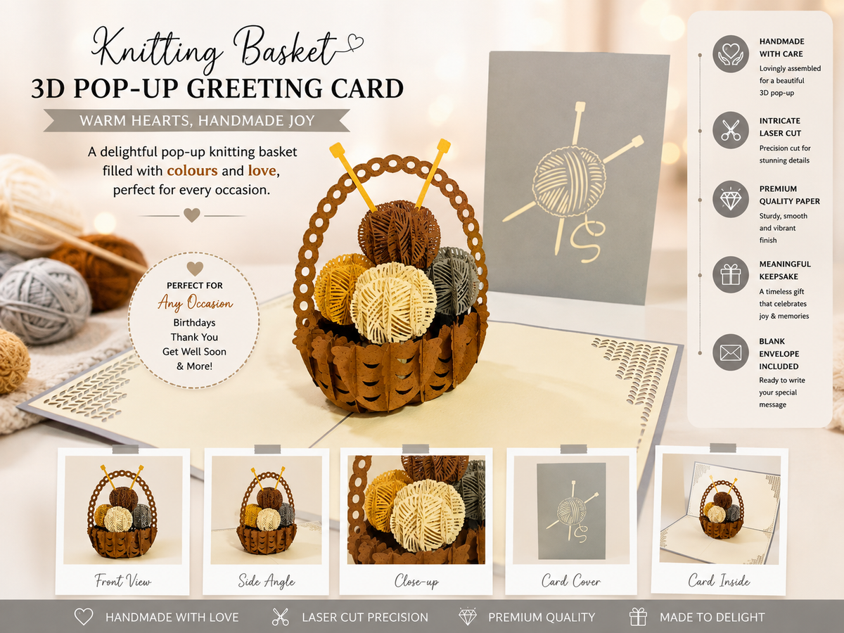 Colourful Knitting Basket in Grey Origami Pop Cards 3D Pop Up Greeting Card Thank You Handmade Gift Thinking of You Happy Birthday Occasion Australiana Celebrate the Beauty and Happiness During Special Day Best Wishes Gift