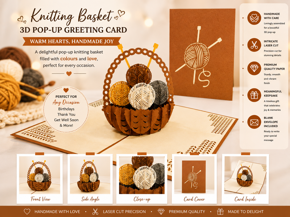 Knitting Basket in Brown Origami Pop Cards 3D Pop Up Greeting Card Thank You Handmade Gift Thinking of You Happy Birthday Occasion Australiana Celebrate the Beauty and Happiness During Special Day Best Wishes Gift