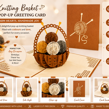 Knitting Basket in Brown Origami Pop Cards 3D Pop Up Greeting Card Thank You Handmade Gift Thinking of You Happy Birthday Occasion Australiana Celebrate the Beauty and Happiness During Special Day Best Wishes Gift