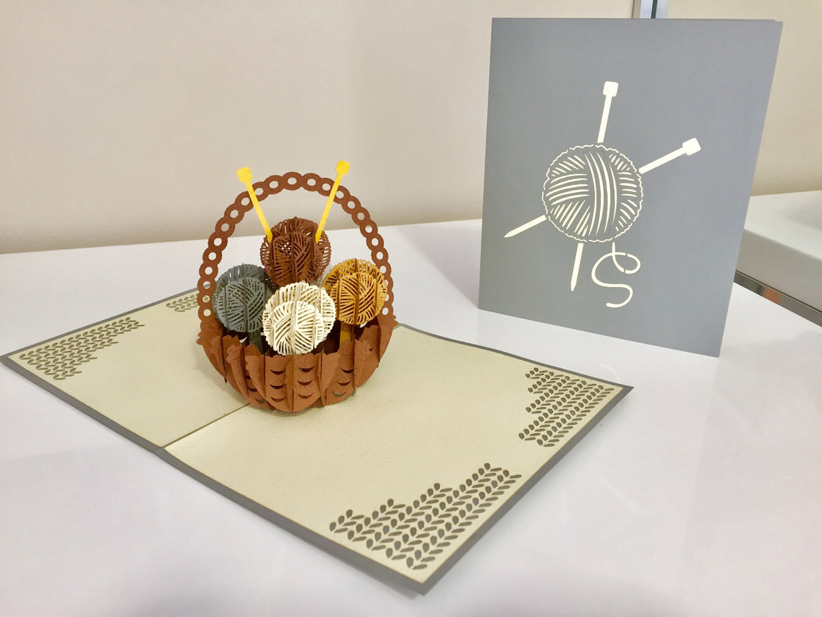 Colourful Knitting Basket in Grey Origami Pop Cards 3D Pop Up Greeting Card Thank You Handmade Gift Thinking of You Happy Birthday Occasion Australiana Celebrate the Beauty and Happiness During Special Day Best Wishes Gift