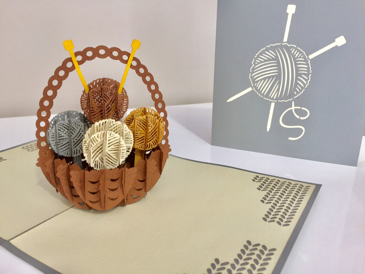 Colourful Knitting Basket in Grey Origami Pop Cards 3D Pop Up Greeting Card Thank You Handmade Gift Thinking of You Happy Birthday Occasion Australiana Celebrate the Beauty and Happiness During Special Day Best Wishes Gift