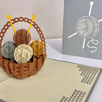Colourful Knitting Basket in Grey Origami Pop Cards 3D Pop Up Greeting Card Thank You Handmade Gift Thinking of You Happy Birthday Occasion Australiana Celebrate the Beauty and Happiness During Special Day Best Wishes Gift
