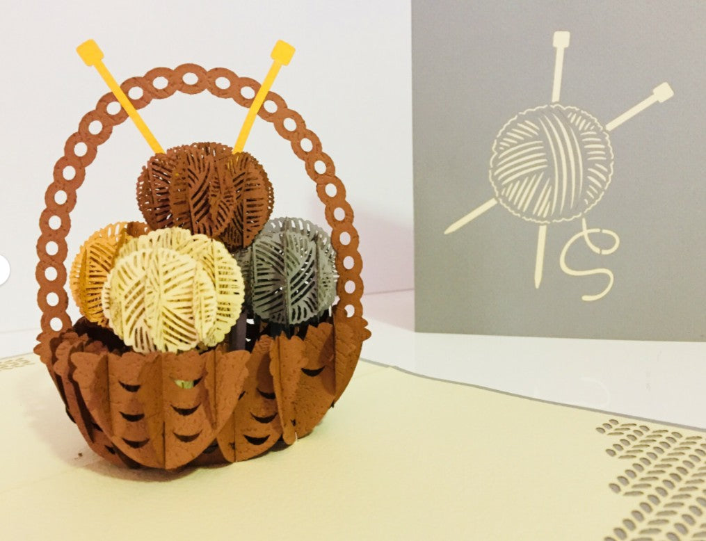 Colourful Knitting Basket in Grey Origami Pop Cards 3D Pop Up Greeting Card Thank You Handmade Gift Thinking of You Happy Birthday Occasion Australiana Celebrate the Beauty and Happiness During Special Day Best Wishes Gift