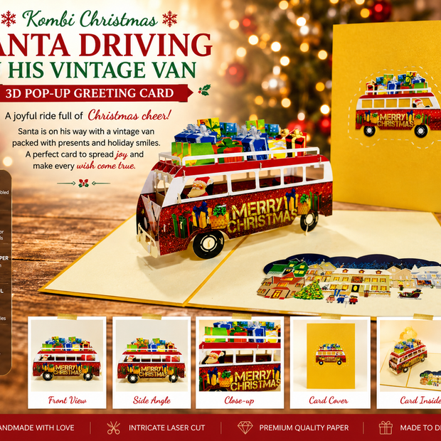Kombi Christmas Santa Driving in His Vintage Van Origami Pop Cards 3D Pop Up Greeting Card Celebrate Happy Birthday Thank You Handmade Best Wishes Gift Thinking of You Blank Card for Any Occasion Happy Mother's Day Australiana