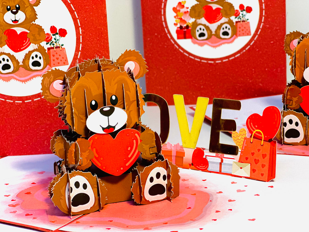 LOVE Brown Teddy Holding a Love Heart & Presents 3D POP UP GREETING CARD - Created by Origami Pop Cards Australian Design & Handmade 3D Pop Up Magical Paper Cards, Handmade Pop Up Cards Happy Valentine's Day Celebrate Love Heart Fell and Romantic