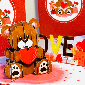 LOVE Brown Teddy Holding a Love Heart & Presents 3D POP UP GREETING CARD - Created by Origami Pop Cards Australian Design & Handmade 3D Pop Up Magical Paper Cards, Handmade Pop Up Cards Happy Valentine's Day Celebrate Love Heart Fell and Romantic