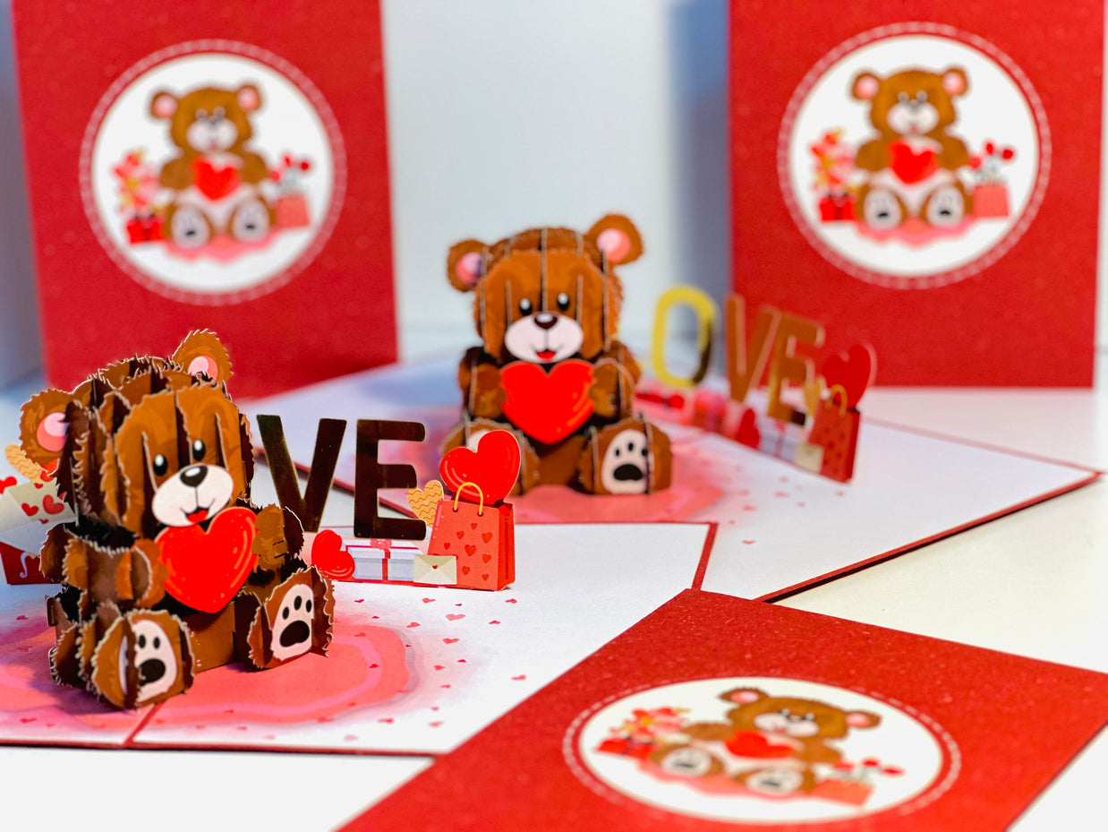 LOVE Brown Teddy Holding a Love Heart & Presents 3D POP UP GREETING CARD - Created by Origami Pop Cards Australian Design & Handmade 3D Pop Up Magical Paper Cards, Handmade Pop Up Cards Happy Valentine's Day Celebrate Love Heart Fell and Romantic