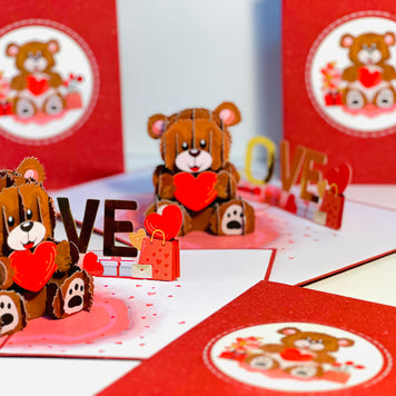 LOVE Brown Teddy Holding a Love Heart & Presents 3D POP UP GREETING CARD - Created by Origami Pop Cards Australian Design & Handmade 3D Pop Up Magical Paper Cards, Handmade Pop Up Cards Happy Valentine's Day Celebrate Love Heart Fell and Romantic
