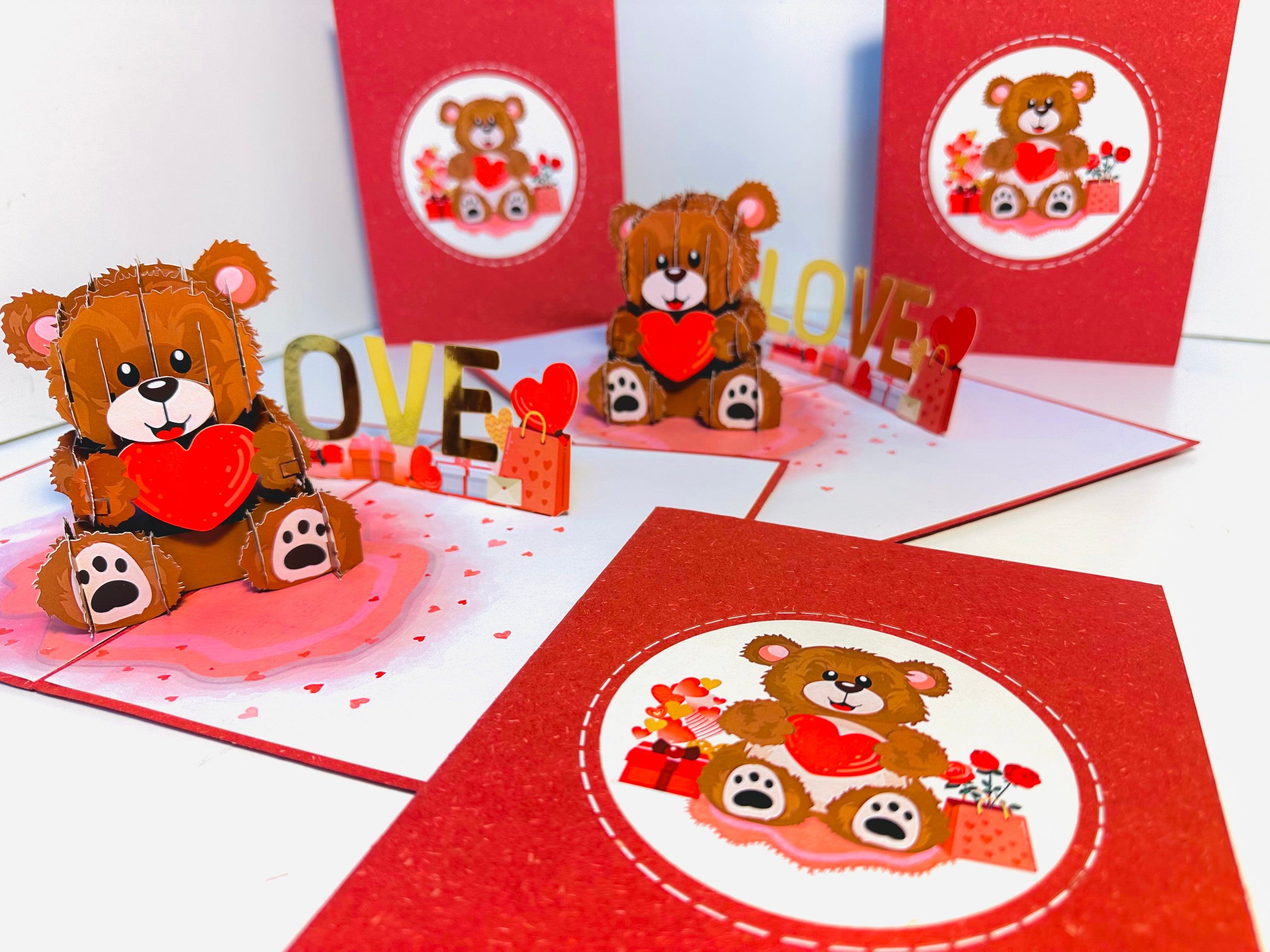 LOVE Brown Teddy Holding a Love Heart & Presents 3D POP UP GREETING CARD - Created by Origami Pop Cards Australian Design & Handmade 3D Pop Up Magical Paper Cards, Handmade Pop Up Cards Happy Valentine's Day Celebrate Love Heart Fell and Romantic