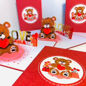 LOVE Brown Teddy Holding a Love Heart & Presents 3D POP UP GREETING CARD - Created by Origami Pop Cards Australian Design & Handmade 3D Pop Up Magical Paper Cards, Handmade Pop Up Cards Happy Valentine's Day Celebrate Love Heart Fell and Romantic