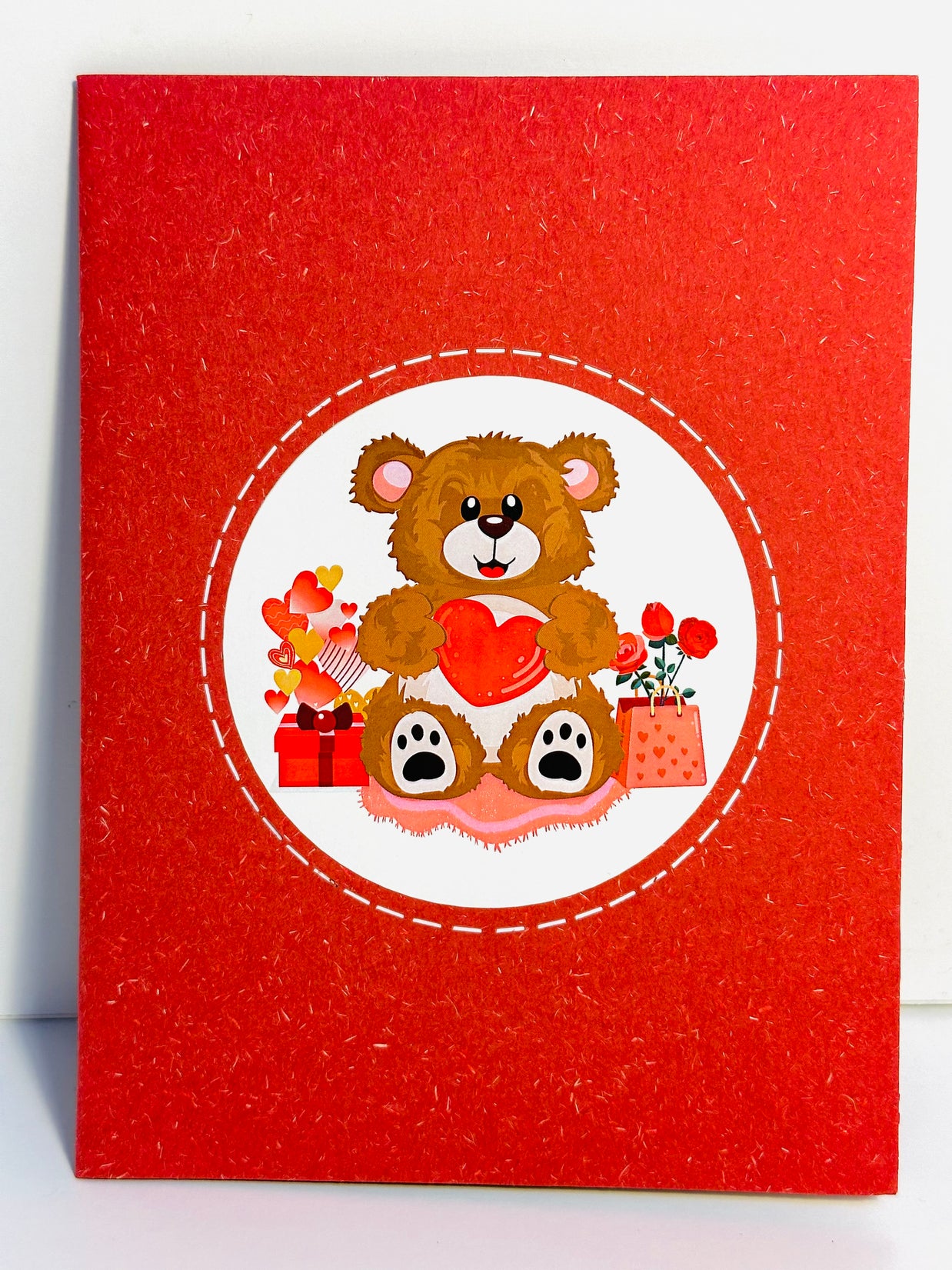 LOVE Brown Teddy Holding a Love Heart & Presents 3D POP UP GREETING CARD - Created by Origami Pop Cards Australian Design & Handmade 3D Pop Up Magical Paper Cards, Handmade Pop Up Cards Happy Valentine's Day Celebrate Love Heart Fell and Romantic