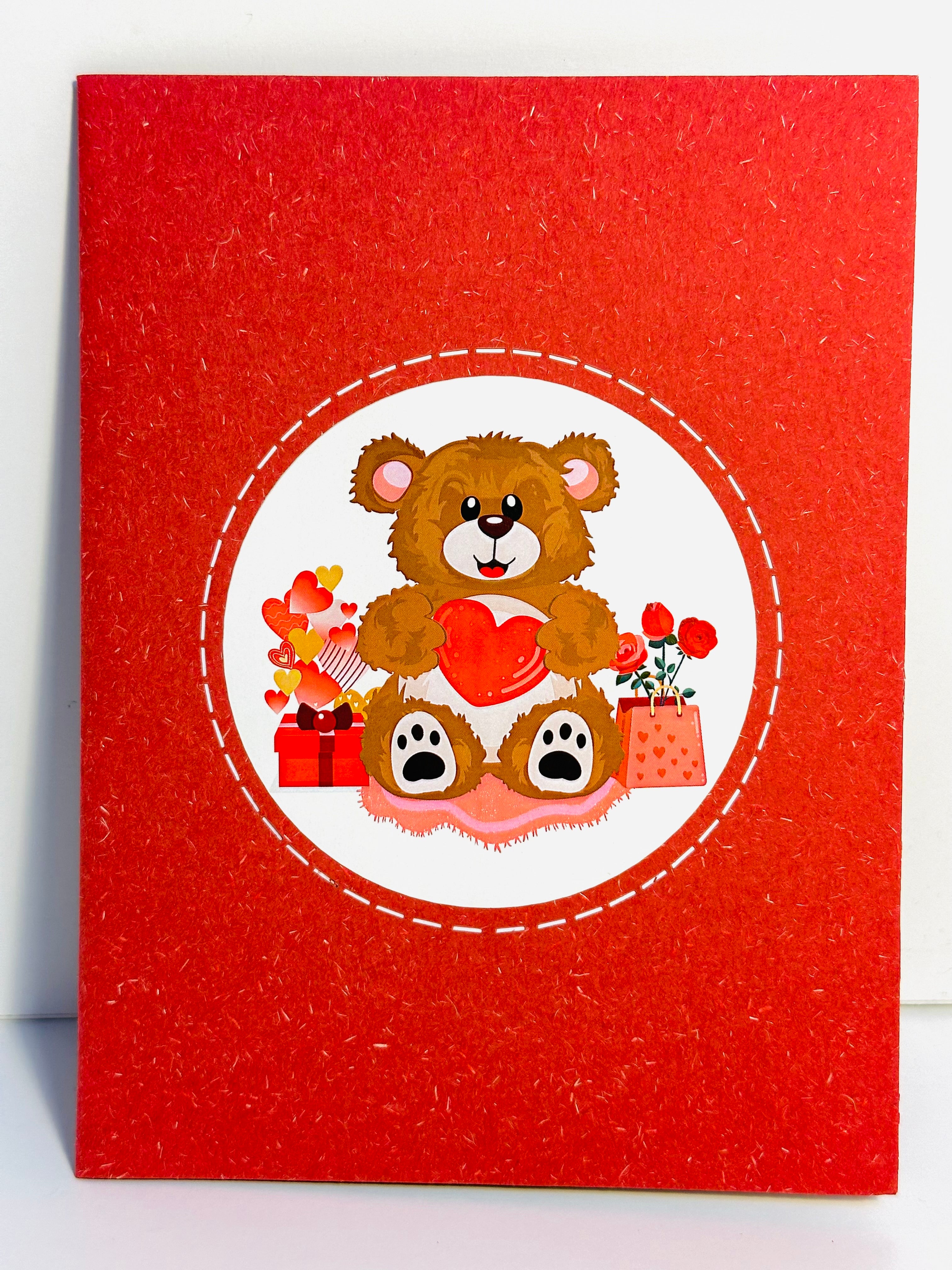 LOVE Brown Teddy Holding a Love Heart & Presents 3D POP UP GREETING CARD - Created by Origami Pop Cards Australian Design & Handmade 3D Pop Up Magical Paper Cards, Handmade Pop Up Cards Happy Valentine's Day Celebrate Love Heart Fell and Romantic
