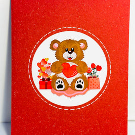 LOVE Brown Teddy Holding a Love Heart & Presents 3D POP UP GREETING CARD - Created by Origami Pop Cards Australian Design & Handmade 3D Pop Up Magical Paper Cards, Handmade Pop Up Cards Happy Valentine's Day Celebrate Love Heart Fell and Romantic