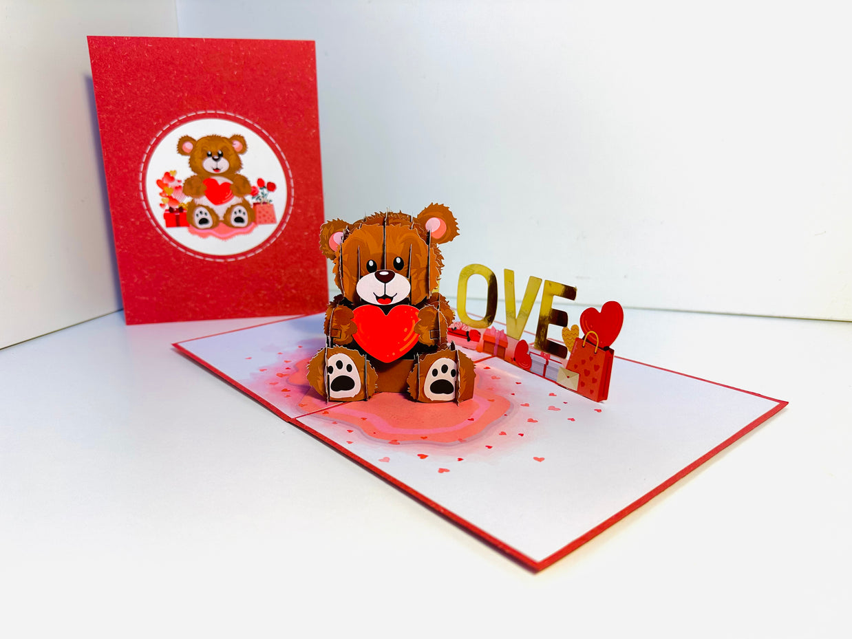 LOVE Brown Teddy Holding a Love Heart & Presents 3D POP UP GREETING CARD - Created by Origami Pop Cards Australian Design & Handmade 3D Pop Up Magical Paper Cards, Handmade Pop Up Cards Happy Valentine's Day Celebrate Love Heart Fell and Romantic
