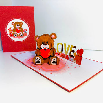 LOVE Brown Teddy Holding a Love Heart & Presents 3D POP UP GREETING CARD - Created by Origami Pop Cards Australian Design & Handmade 3D Pop Up Magical Paper Cards, Handmade Pop Up Cards Happy Valentine's Day Celebrate Love Heart Fell and Romantic