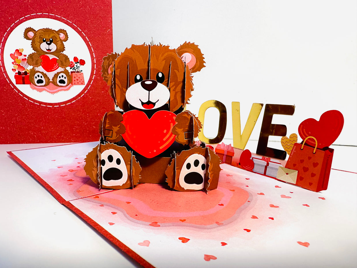 LOVE Brown Teddy Holding a Love Heart & Presents 3D POP UP GREETING CARD - Created by Origami Pop Cards Australian Design & Handmade 3D Pop Up Magical Paper Cards, Handmade Pop Up Cards Happy Valentine's Day Celebrate Love Heart Fell and Romantic