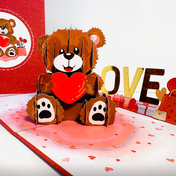 LOVE Brown Teddy Holding a Love Heart & Presents 3D POP UP GREETING CARD - Created by Origami Pop Cards Australian Design & Handmade 3D Pop Up Magical Paper Cards, Handmade Pop Up Cards Happy Valentine's Day Celebrate Love Heart Fell and Romantic