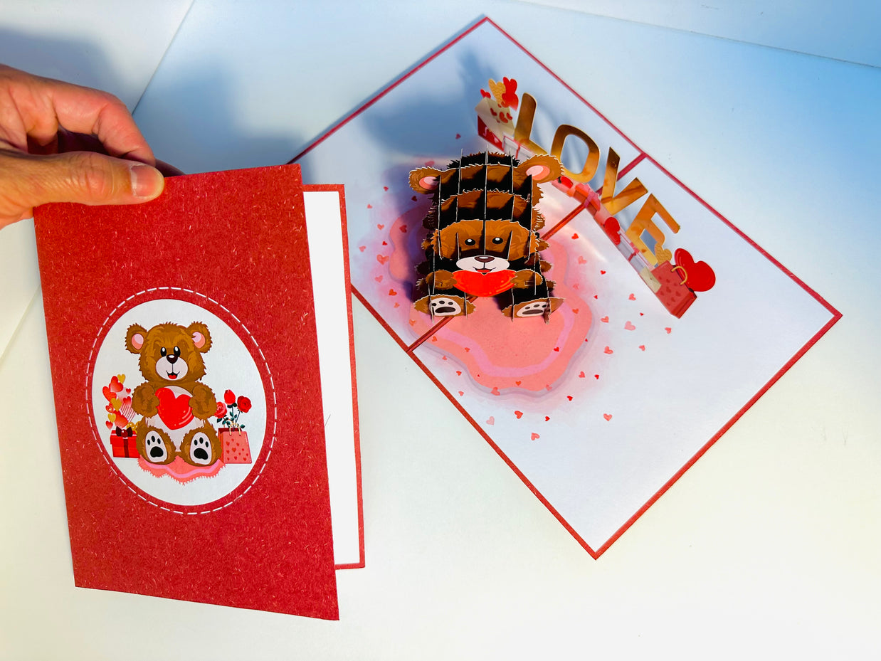 LOVE Brown Teddy Holding a Love Heart & Presents 3D POP UP GREETING CARD - Created by Origami Pop Cards Australian Design & Handmade 3D Pop Up Magical Paper Cards, Handmade Pop Up Cards Happy Valentine's Day Celebrate Love Heart Fell and Romantic