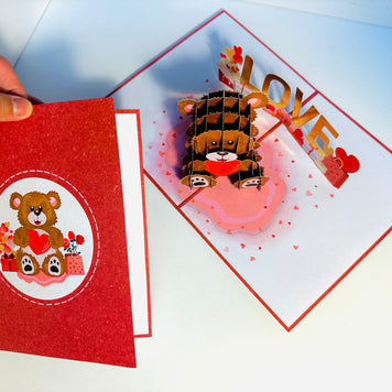 LOVE Brown Teddy Holding a Love Heart & Presents 3D POP UP GREETING CARD - Created by Origami Pop Cards Australian Design & Handmade 3D Pop Up Magical Paper Cards, Handmade Pop Up Cards Happy Valentine's Day Celebrate Love Heart Fell and Romantic