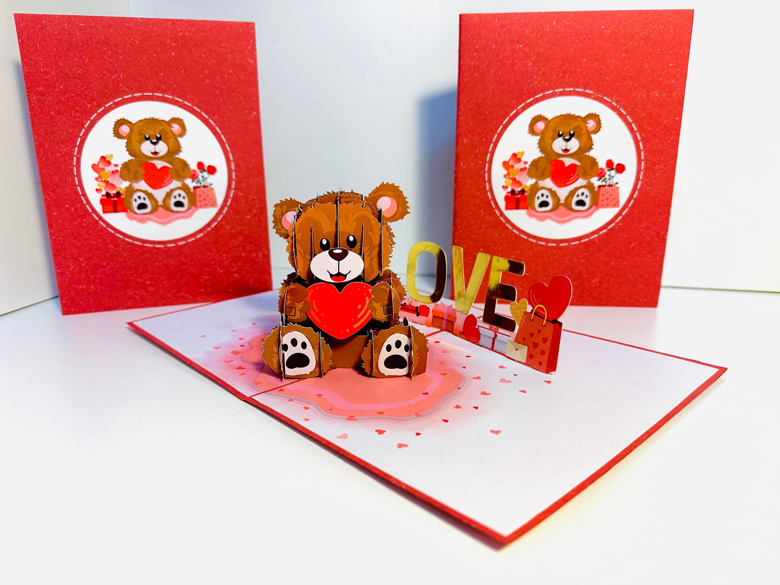 LOVE Brown Teddy Holding a Love Heart & Presents 3D POP UP GREETING CARD - Created by Origami Pop Cards Australian Design & Handmade 3D Pop Up Magical Paper Cards, Handmade Pop Up Cards Happy Valentine's Day Celebrate Love Heart Fell and Romantic