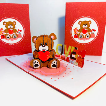 LOVE Brown Teddy Holding a Love Heart & Presents 3D POP UP GREETING CARD - Created by Origami Pop Cards Australian Design & Handmade 3D Pop Up Magical Paper Cards, Handmade Pop Up Cards Happy Valentine's Day Celebrate Love Heart Fell and Romantic