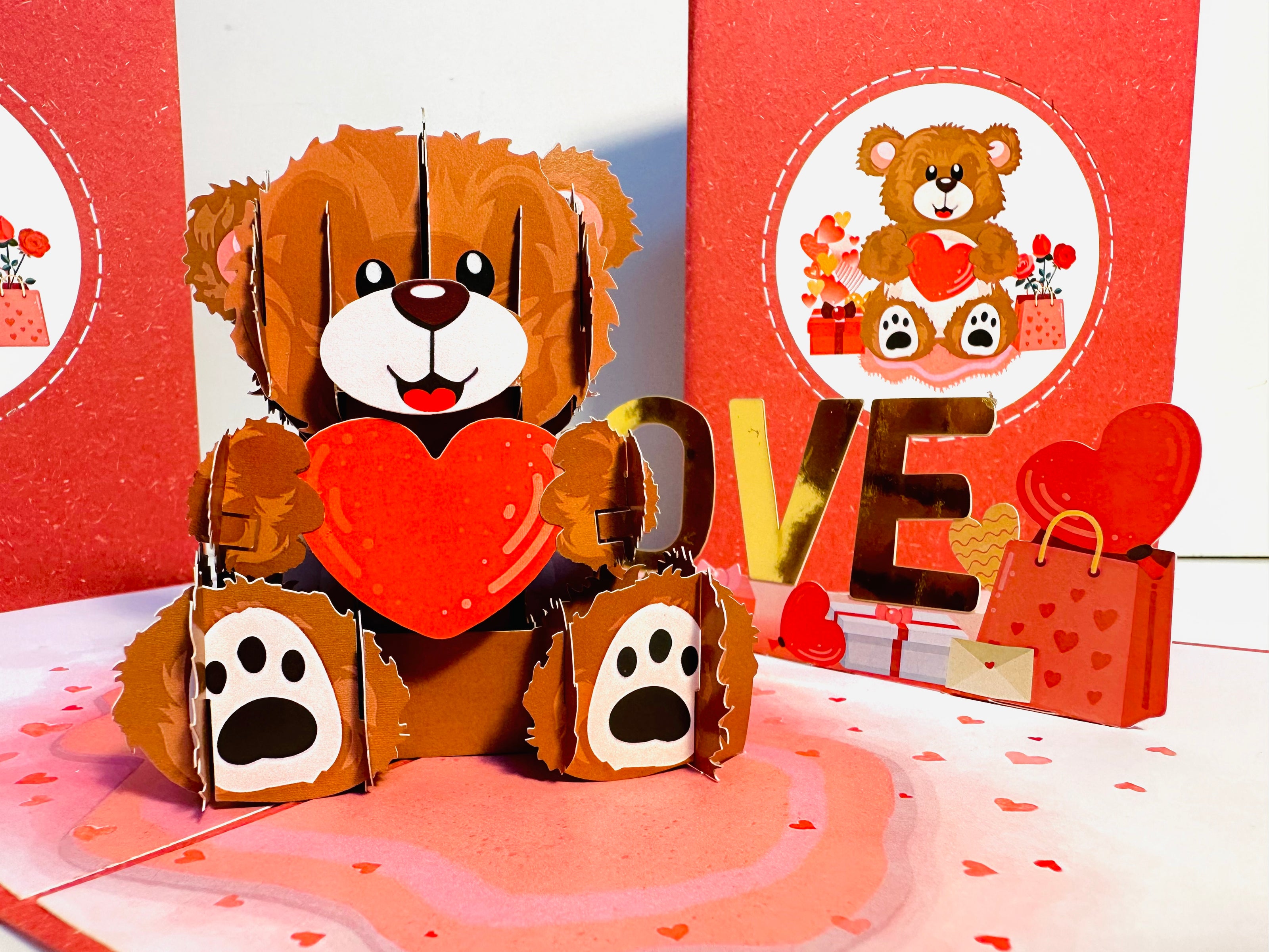 LOVE Brown Teddy Holding a Love Heart & Presents 3D POP UP GREETING CARD - Created by Origami Pop Cards Australian Design & Handmade 3D Pop Up Magical Paper Cards, Handmade Pop Up Cards Happy Valentine's Day Celebrate Love Heart Fell and Romantic