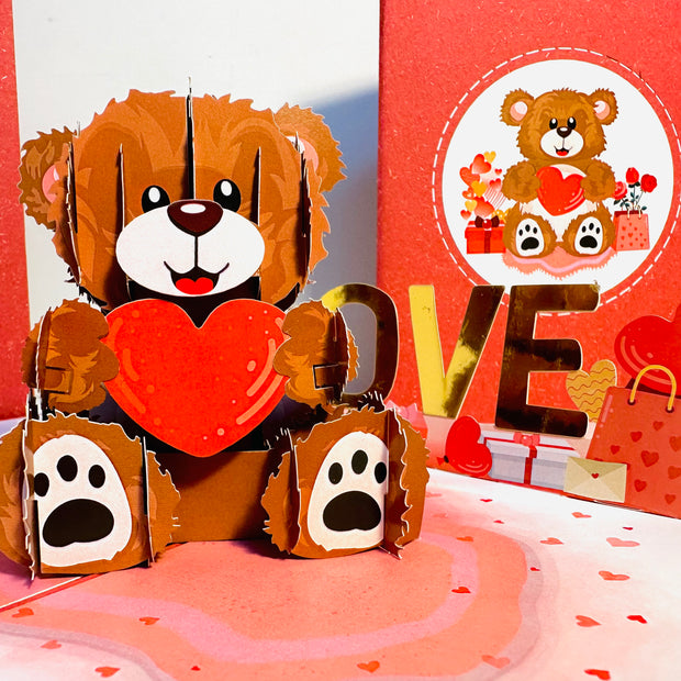 LOVE Brown Teddy Holding a Love Heart & Presents 3D POP UP GREETING CARD - Created by Origami Pop Cards Australian Design & Handmade 3D Pop Up Magical Paper Cards, Handmade Pop Up Cards Happy Valentine's Day Celebrate Love Heart Fell and Romantic