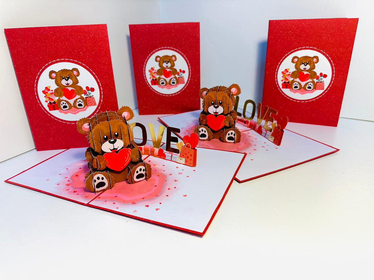 LOVE Brown Teddy Holding a Love Heart & Presents 3D POP UP GREETING CARD - Created by Origami Pop Cards Australian Design & Handmade 3D Pop Up Magical Paper Cards, Handmade Pop Up Cards Happy Valentine's Day Celebrate Love Heart Fell and Romantic
