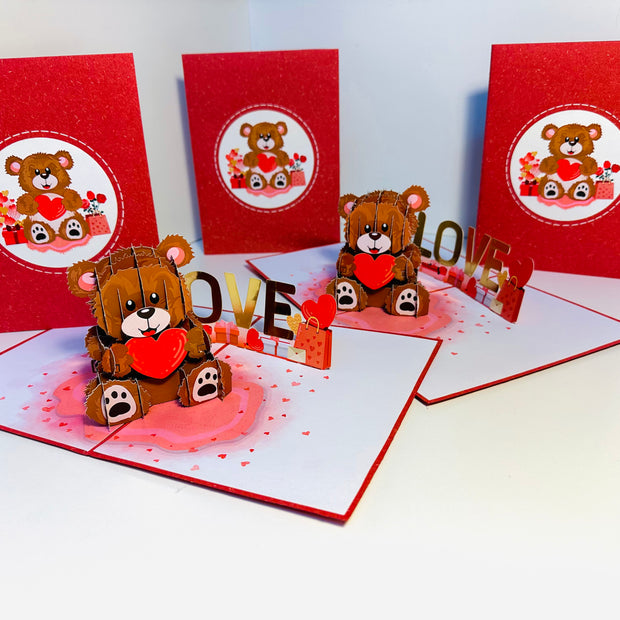 LOVE Brown Teddy Holding a Love Heart & Presents 3D POP UP GREETING CARD - Created by Origami Pop Cards Australian Design & Handmade 3D Pop Up Magical Paper Cards, Handmade Pop Up Cards Happy Valentine's Day Celebrate Love Heart Fell and Romantic
