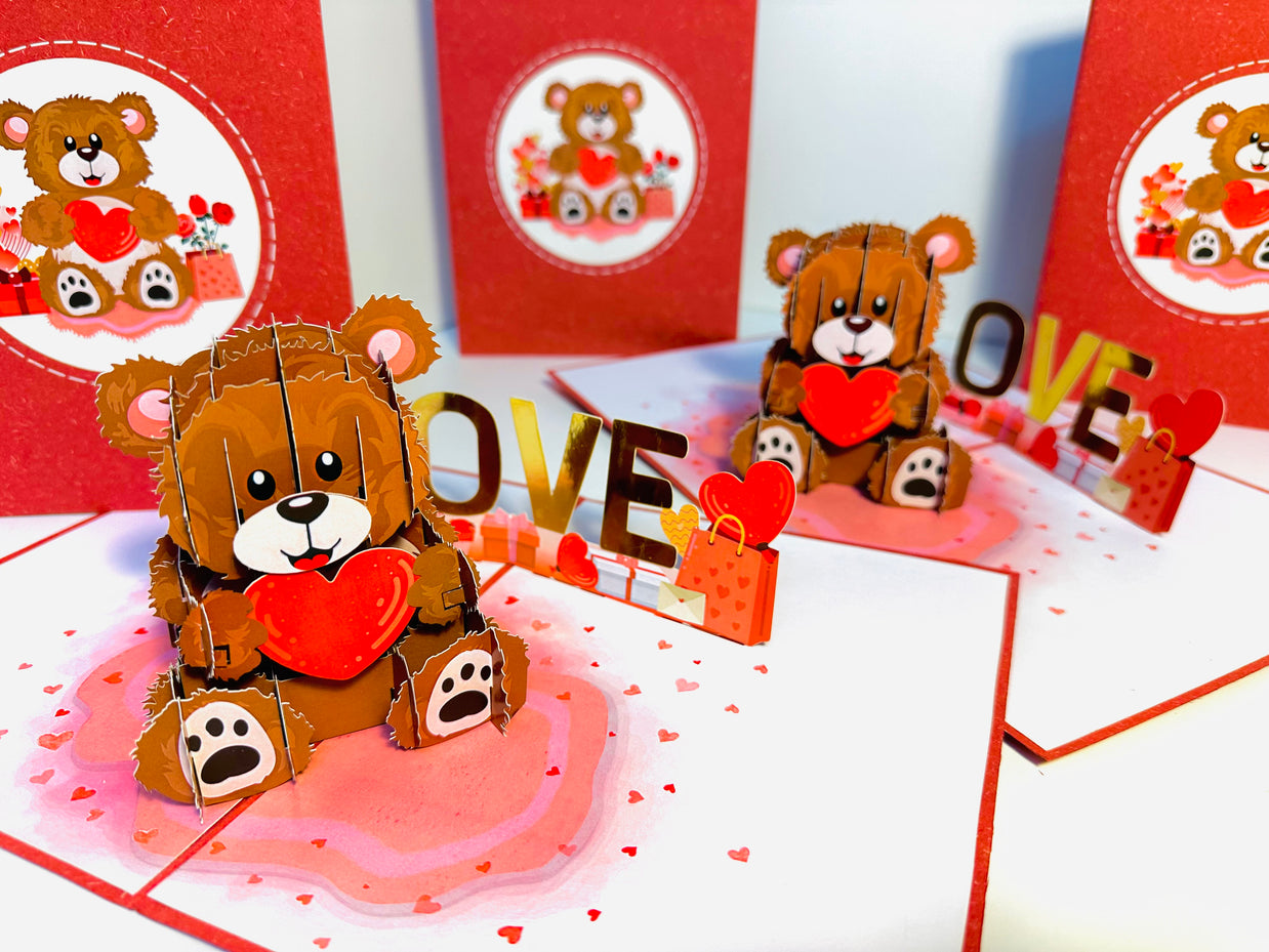 LOVE Brown Teddy Holding a Love Heart & Presents 3D POP UP GREETING CARD - Created by Origami Pop Cards Australian Design & Handmade 3D Pop Up Magical Paper Cards, Handmade Pop Up Cards Happy Valentine's Day Celebrate Love Heart Fell and Romantic