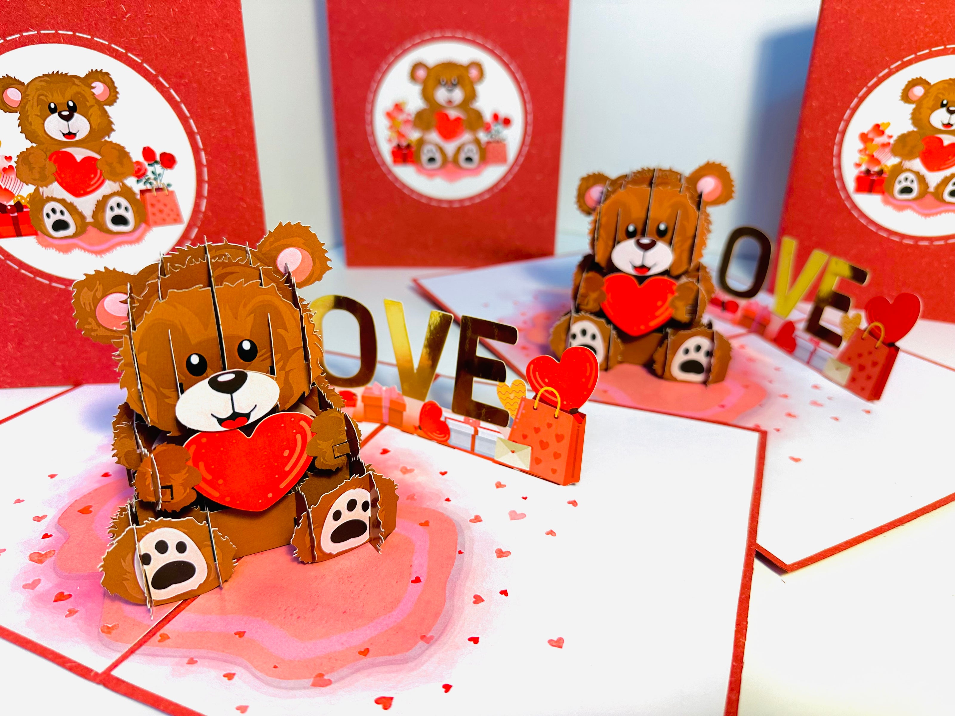 LOVE Brown Teddy Holding a Love Heart & Presents 3D POP UP GREETING CARD - Created by Origami Pop Cards Australian Design & Handmade 3D Pop Up Magical Paper Cards, Handmade Pop Up Cards Happy Valentine's Day Celebrate Love Heart Fell and Romantic