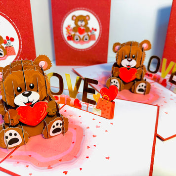 LOVE Brown Teddy Holding a Love Heart & Presents 3D POP UP GREETING CARD - Created by Origami Pop Cards Australian Design & Handmade 3D Pop Up Magical Paper Cards, Handmade Pop Up Cards Happy Valentine's Day Celebrate Love Heart Fell and Romantic