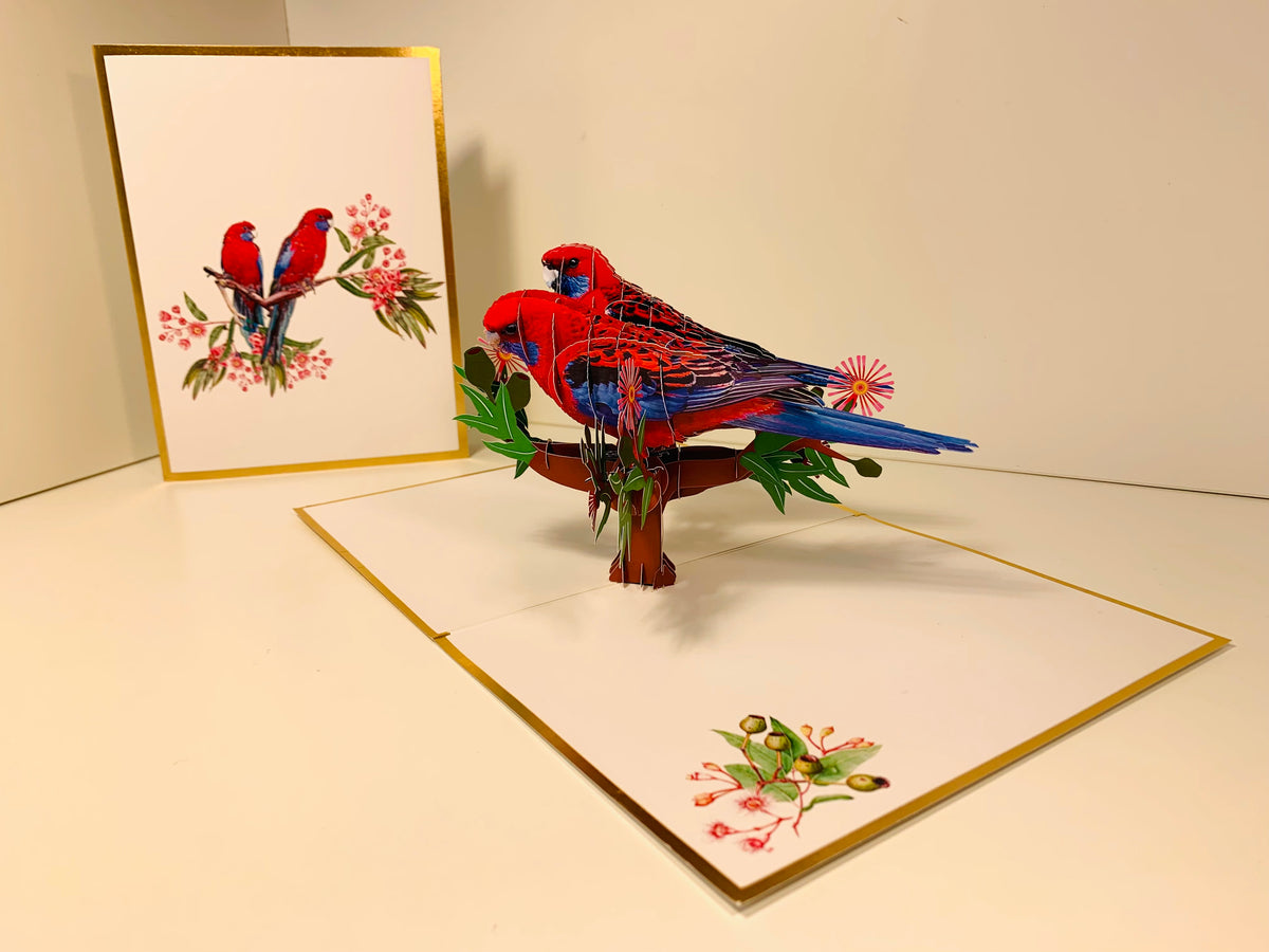 LUXURY Gold Double Crimson Rosella Parrot Australian Bird Origami Pop Cards 3D Pop Up Greeting Card Happy Birthday Thank You Handmade Gift Thinking of You Blank Card for Any Occasion Happy Mother's Day Happy Father's Australiana Birds