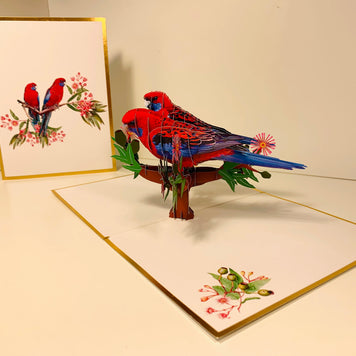 LUXURY Gold Double Crimson Rosella Parrot Australian Bird Origami Pop Cards 3D Pop Up Greeting Card Happy Birthday Thank You Handmade Gift Thinking of You Blank Card for Any Occasion Happy Mother's Day Happy Father's Australiana Birds