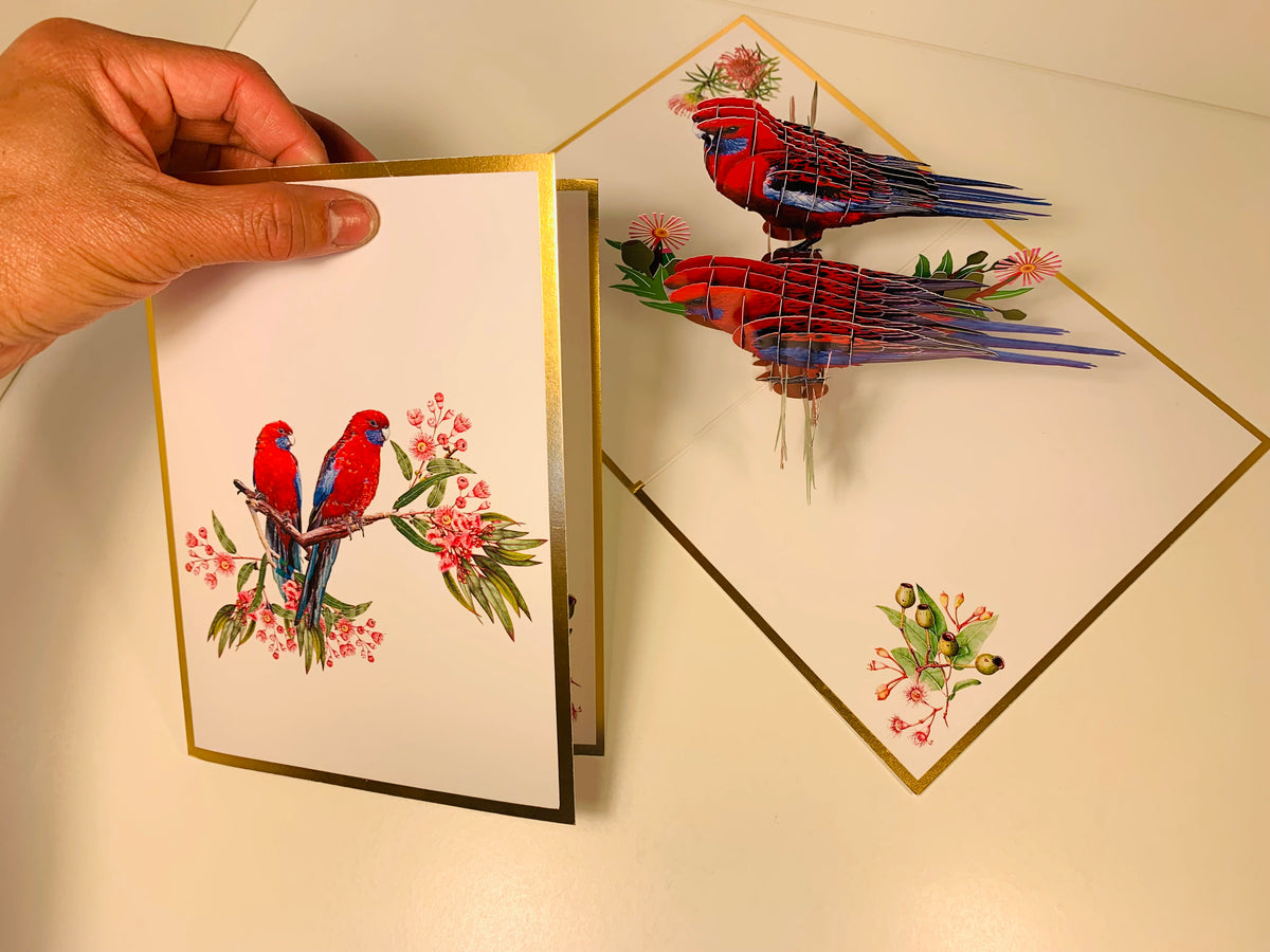 LUXURY Gold Double Crimson Rosella Parrot Australian Bird Origami Pop Cards 3D Pop Up Greeting Card Happy Birthday Thank You Handmade Gift Thinking of You Blank Card for Any Occasion Happy Mother's Day Happy Father's Australiana Birds