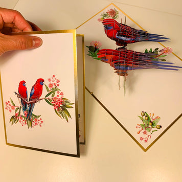 LUXURY Gold Double Crimson Rosella Parrot Australian Bird Origami Pop Cards 3D Pop Up Greeting Card Happy Birthday Thank You Handmade Gift Thinking of You Blank Card for Any Occasion Happy Mother's Day Happy Father's Australiana Birds