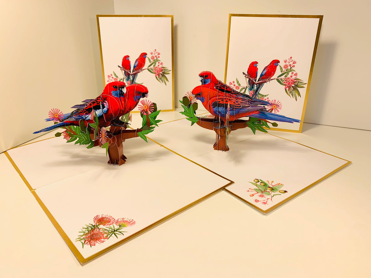 LUXURY Gold Double Crimson Rosella Parrot Australian Bird Origami Pop Cards 3D Pop Up Greeting Card Happy Birthday Thank You Handmade Gift Thinking of You Blank Card for Any Occasion Happy Mother's Day Happy Father's Australiana Birds