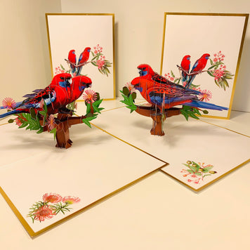 LUXURY Gold Double Crimson Rosella Parrot Australian Bird Origami Pop Cards 3D Pop Up Greeting Card Happy Birthday Thank You Handmade Gift Thinking of You Blank Card for Any Occasion Happy Mother's Day Happy Father's Australiana Birds