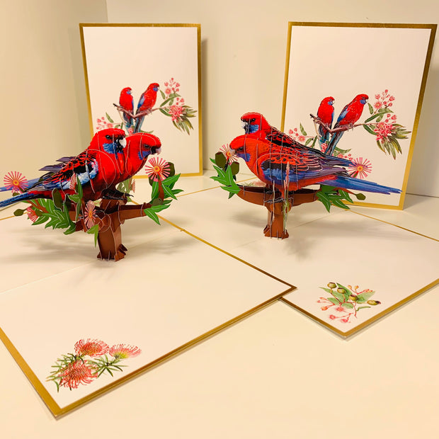 LUXURY Gold Double Crimson Rosella Parrot Australian Bird Origami Pop Cards 3D Pop Up Greeting Card Happy Birthday Thank You Handmade Gift Thinking of You Blank Card for Any Occasion Happy Mother's Day Happy Father's Australiana Birds