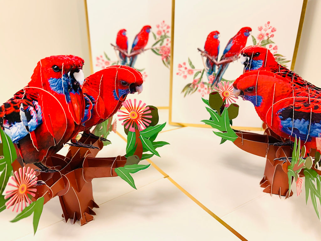LUXURY Gold Double Crimson Rosella Parrot Australian Bird Origami Pop Cards 3D Pop Up Greeting Card Happy Birthday Thank You Handmade Gift Thinking of You Blank Card for Any Occasion Happy Mother's Day Happy Father's Australiana Birds