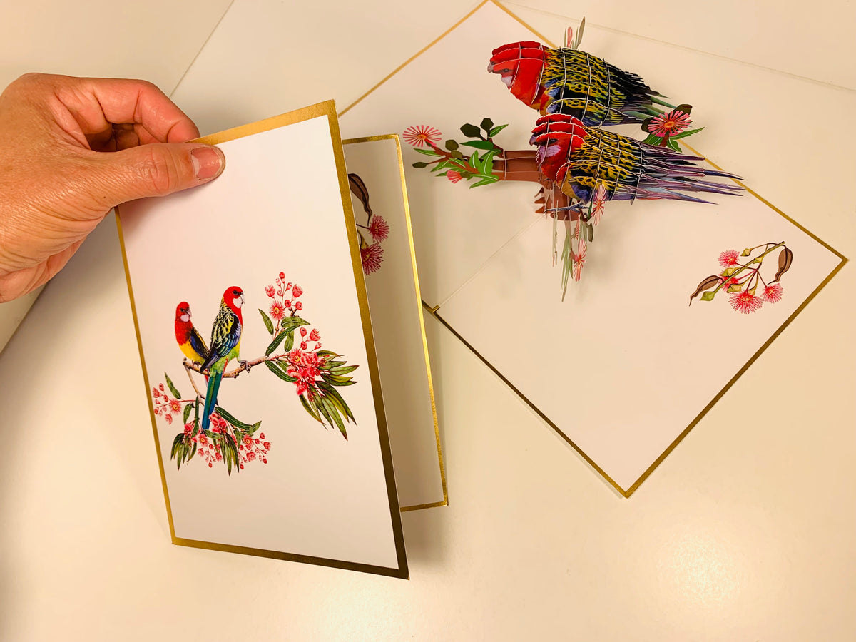 LUXURY Gold Double Eastern Rosella Parrot Australian Bird Origami Pop Cards 3D Pop Up Greeting Card Happy Birthday Thank You Handmade Gift Thinking of You Blank Card for Any Occasion Happy Mother's Day Happy Father's Australiana Birds