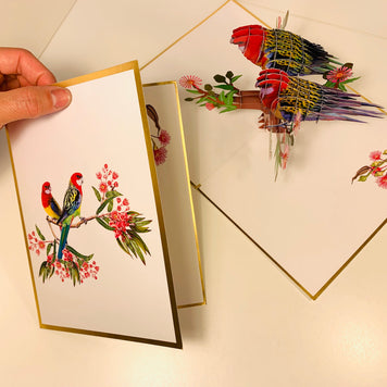 LUXURY Gold Double Eastern Rosella Parrot Australian Bird Origami Pop Cards 3D Pop Up Greeting Card Happy Birthday Thank You Handmade Gift Thinking of You Blank Card for Any Occasion Happy Mother's Day Happy Father's Australiana Birds